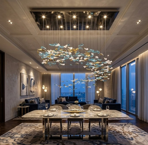 Aphrodite: Gold & Blue Floating Glass Chandelier | Luxury Modern Statement Ceiling Light | Rectangular & Round Designer Chandelier