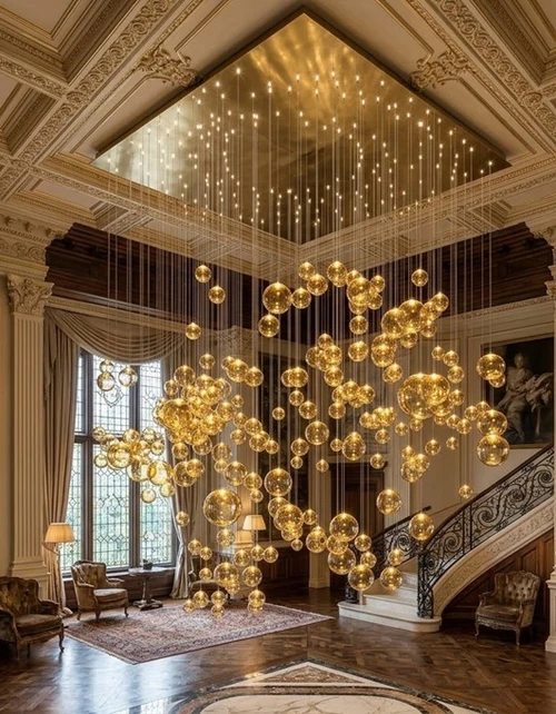 floating glass chandelier, luxury chandelier, gold glass chandelier, cluster chandelier, statement chandelier, modern chandelier, designer chandelier, suspended glass lighting, luxury ceiling light, staircase chandelier, foyer chandelier, grand entrance chandelier, contemporary chandelier, floating orb chandelier, luxury lighting fixture, architectural chandelier, cascading chandelier, hotel lobby chandelier, double height chandelier, luxury home lighting, bespoke chandelier, glass sphere chandelier, 
