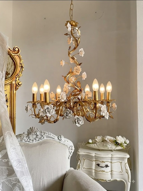 Posy chandelier, Bridgerton inspired chandelier, gold regency style lighting, vintage interior chandelier, floral porcelain chandelier, antique gold ceiling light, rococo style hanging lamp, romantic bedroom lighting, luxury vintage home decor, French provincial chandelier, 63cm gold chandelier, porcelain rose lighting, English country estate decor, grand ballroom lamp