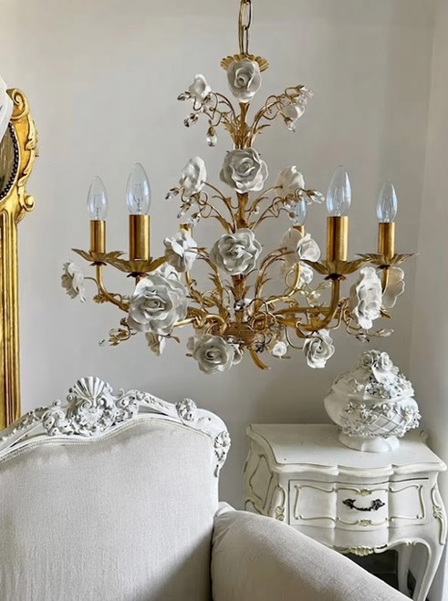 artisanal floral chandelier, crystal accented chandelier, traditional statement fixture, vintage boudoir lighting, luxury interior design accessories, antique style ceiling lamp, decorative floral lighting, ornate gold frame light, handcrafted porcelain roses decor, Regency style parlor lighting, classic European chandelier, luxury home remodeling accents, old-world charm lighting, romantic bedroom chandelier, formal dining room centerpiece, vintage aesthetic ceiling fixture