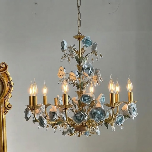 Hyacinth chandelier, Bridgerton-blue inspired chandelier, luxury floral ceiling light, vintage floral chandelier, blue and gold rose chandelier, ceramic flower chandelier, regency style lighting, romantic dining room light, statement ceiling fixture, antique gold vine lamp, French country chandelier, cottagecore ceiling light, pastoral home decor, shabby chic lighting, botanical chandelier, handmade ceramic rose light, elegant hanging lamp, classic gold fixture,