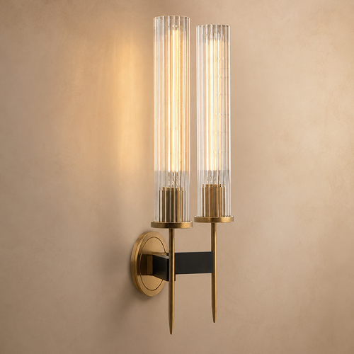 America Double Glass Wall Light – Brass & Black Art Deco Sconce
America luxury double glass wall light featuring tall fluted glass shades, warm brass stems and contrasting black detailing, photographed against an elegant beige background. A sophisticated Art Deco wall sconce for luxury living rooms, bedrooms, hallways, hotels and restaurants.