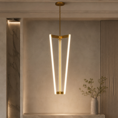 Veyra Gold Geometric LED Pendant Light – Luxury Vertical Pendant for Dining Rooms, Kitchen Islands & High Ceilings