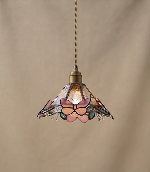Margo pendant light, 22cm diameter pendant light, stained glass hanging lamp, pink butterfly ceiling light, vintage brass pendant, small kitchen island lighting, bedside hanging lamp, vintage bathroom light, 14cm height pendant, decorative glass fixture, miniature stained glass light, art nouveau hanging lamp, antique brass ceiling fixture, pink glass pendant light, handmade butterfly lamp, romantic bedroom lighting, vintage vanity pendant, small space lighting solution, boutique 