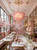 artisan blown glass chandelier, high end dining room light, luxury modern chandelier, hand formed glass pendant, wabi sabi entrance light, pink glass drop light, high end lighting design, luxury chandelier online, custom length chain chandelier, pink glass design light, luxury room center light, high end residential ceiling light