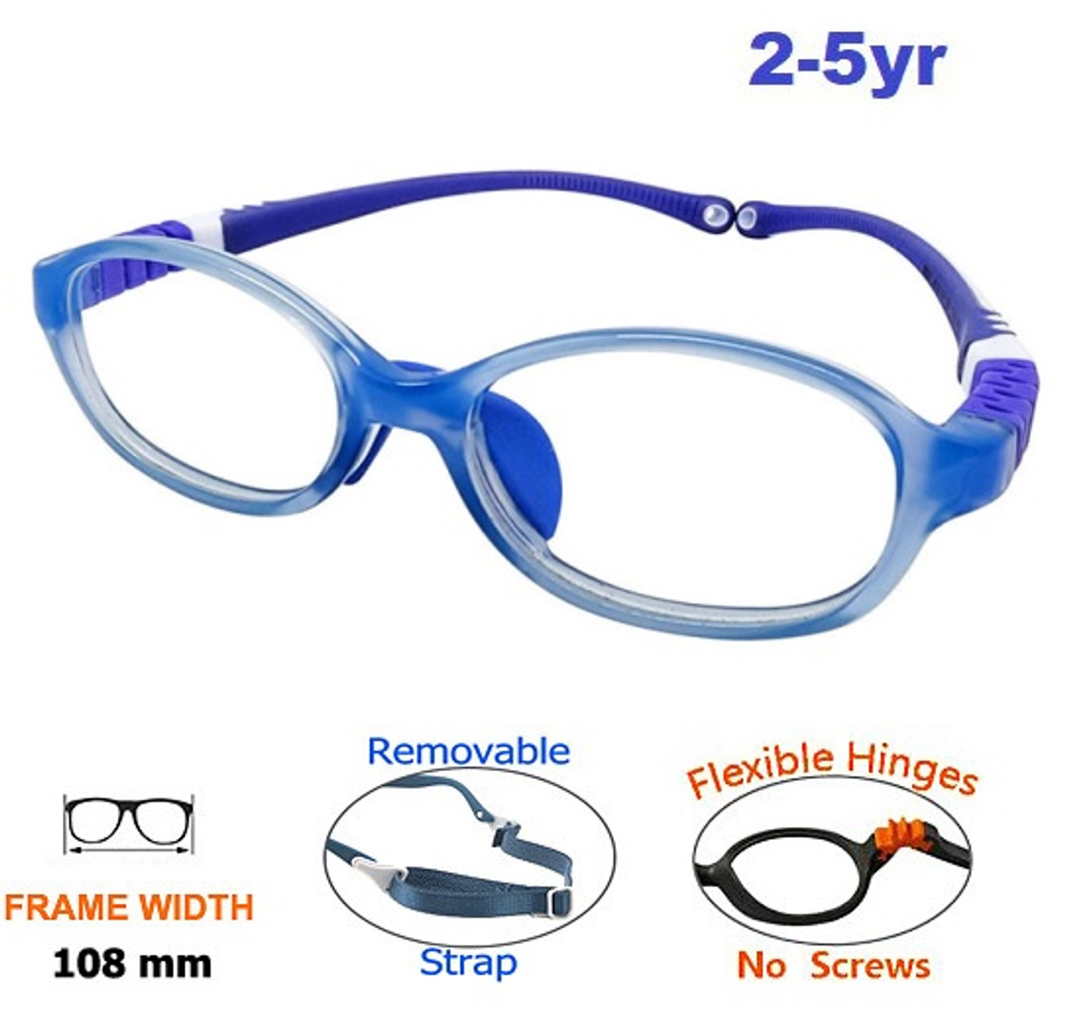 Kids Flexible Glasses 41 Size Adjustable Strap Blue White Kids