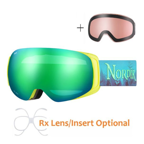 (1) Nordik Freya Magnetic Youth Ski Goggles + Bonus Lens - Matte Flo Yellow Frame / HC Green  - side view