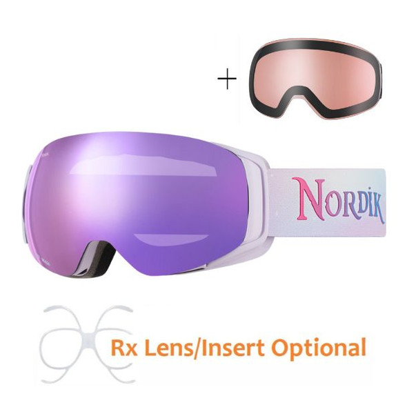 (1) Nordik Freya Magnetic Youth Ski Goggles + Bonus Lens - Matte Purple Frame / HC Crystal Pink - side view