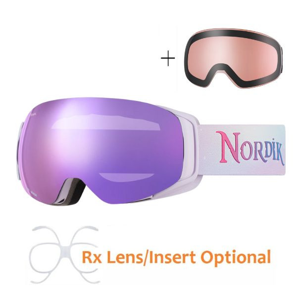 (1) Nordik Freya Magnetic Youth Ski Goggles + Bonus Lens - Matte Purple Frame / HC Crystal Pink - side view