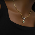 18 K Gold Plated PVD Cuban Chain Necklace with Green Drop Pendant