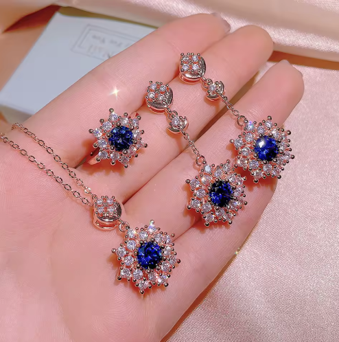 Rose Gold Plated Blue Crystal Jewelry Set | Necklace Earrings Ring