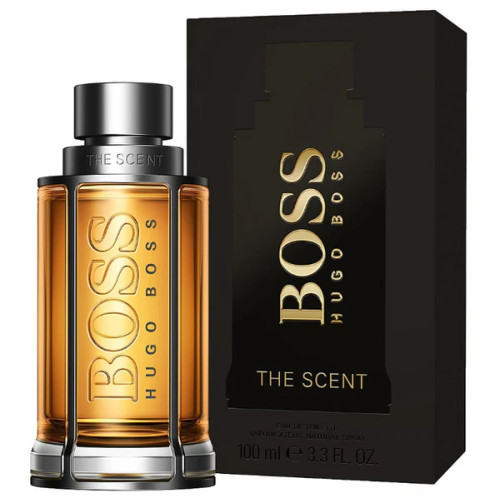 Side angle of HUGO BOSS The Scent showcasing the sleek bottle design Side angle of HUGO BOSS The Scent showcasing the sleek bottle design