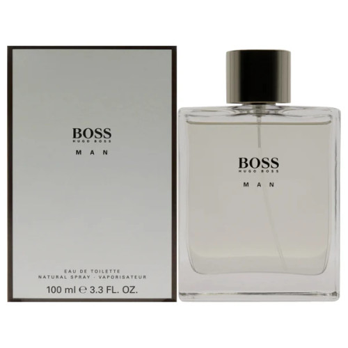 Elegant bottle of HUGO BOSS BOSS MAN Eau de Toilette 3.3 oz standing on a reflective surface Elegant bottle of HUGO BOSS BOSS MAN Eau de Toilette 3.3 oz standing on a reflective surface