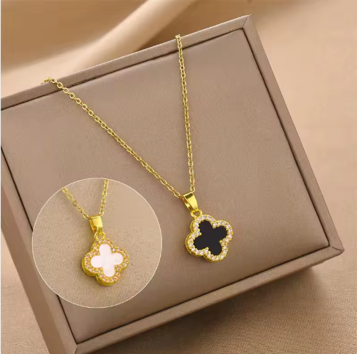 Gold Plated Double Sided Clover -Black and White