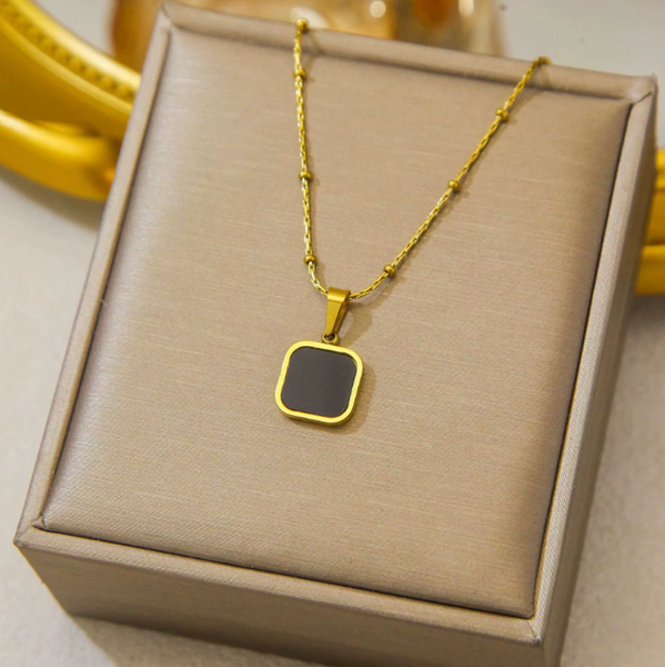 18K Gold Plated Black Faux Stone Square Pendant Necklace