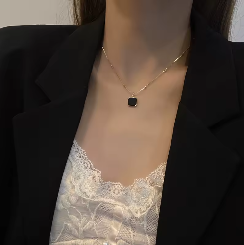 Black Faux Stone Square Pendant Necklace