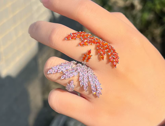 Adjustable Design Orange CZ Zircon Gold Plated Big Leaf Charm Finger Ring