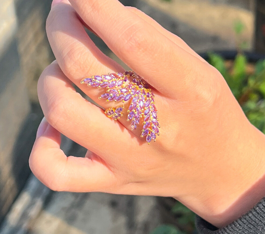 Adjustable Design Orange CZ Zircon Gold Plated Big Leaf Charm Finger Ring