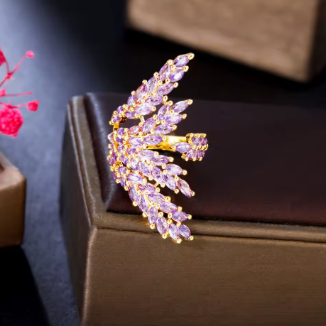 Adjustable Design Orange CZ Zircon Gold Plated Big Leaf Charm Finger Ring