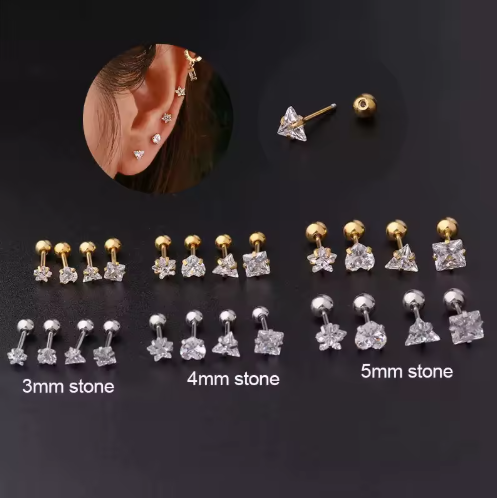 Surgical Steel 6mm gold plated cubic zirconia stud earrings