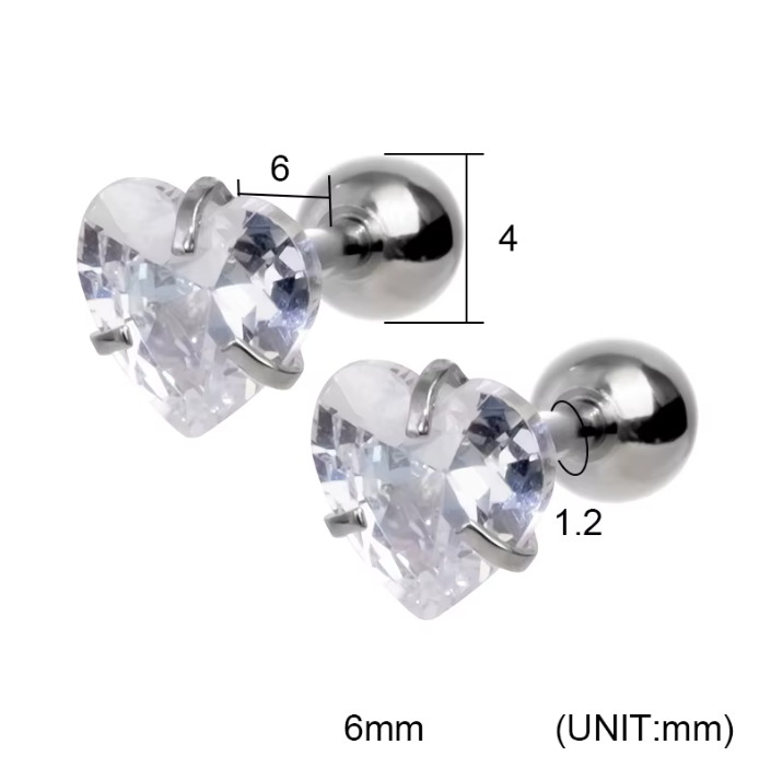 6mm Heart shaped Cubic Zirconia in plated gold on surgical steel