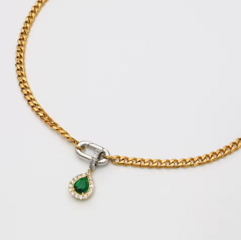 18 K Gold Plated PVD Cuban Chain Necklace with Green Drop Pendant