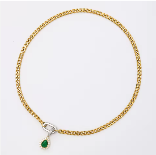 18 K Gold Plated PVD Cuban Chain Necklace with Green Drop Pendant