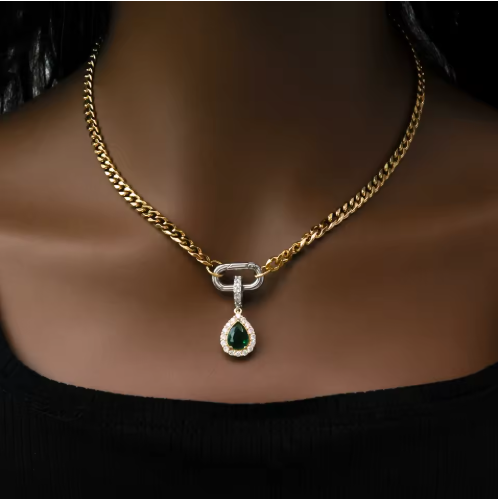 18 K Gold Plated PVD Cuban Chain Necklace with Green Drop Pendant