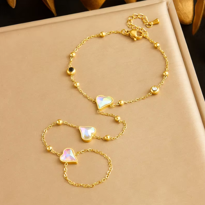 18K Gold Plated Heart Hand Chain Ring Bracelet