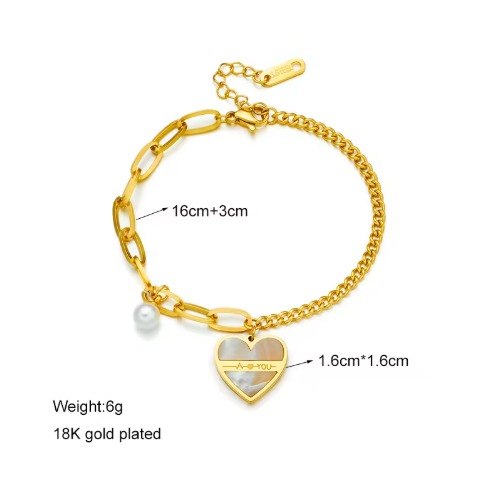 18K Gold Plated Engraved Heart Charm Chain Bracelet
