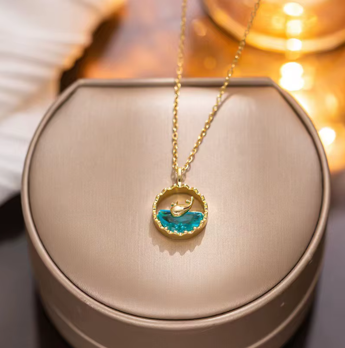 18K Gold Plated Ocean Wave Crystal Pendant Necklace