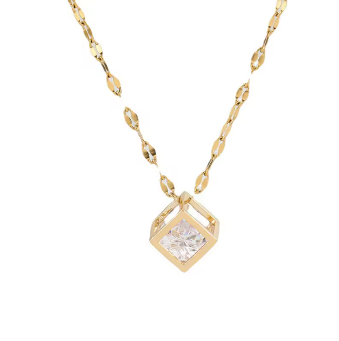 18K Gold-Plated Cube Solitaire Pendant Necklace