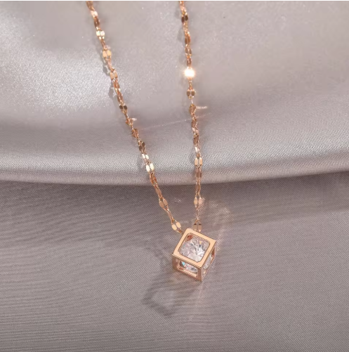 18K Gold-Plated Cube Solitaire Pendant Necklace