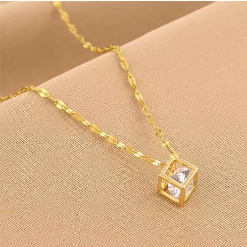 18K Gold-Plated Cube Solitaire Pendant Necklace