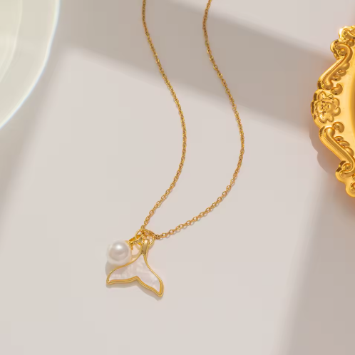 18K Gold-Plated Fish Tail & Pearl Pendant Necklace
