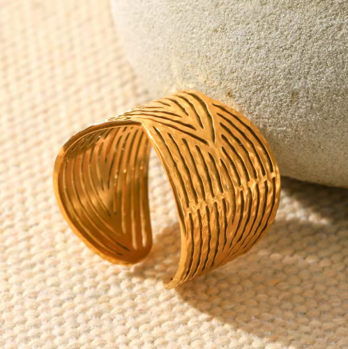 18K Gold-Plated Textured Wrap Ring (Stainless Steel, Adjustable Statement Band)