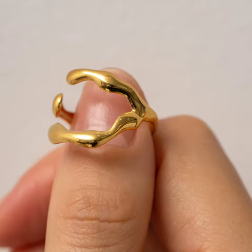 Organic Wave Open Ring – 18K Gold PVD Adjustable Statement Ring