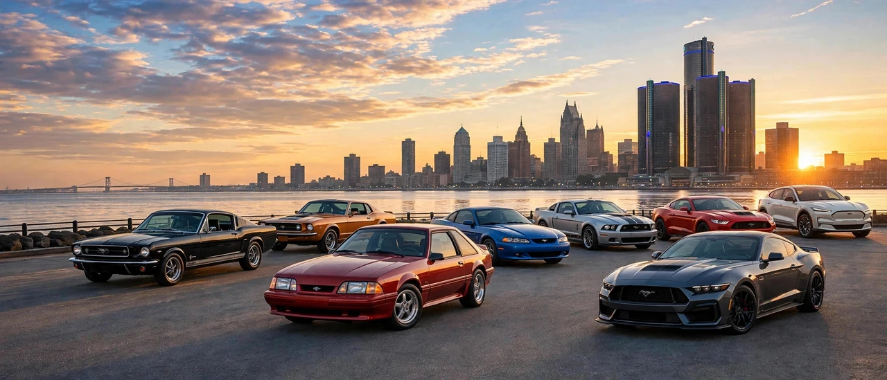Eight Mustang generations including classic, Mustang II, Fox Body, SN95, S197, S550, S650 and Mach-E