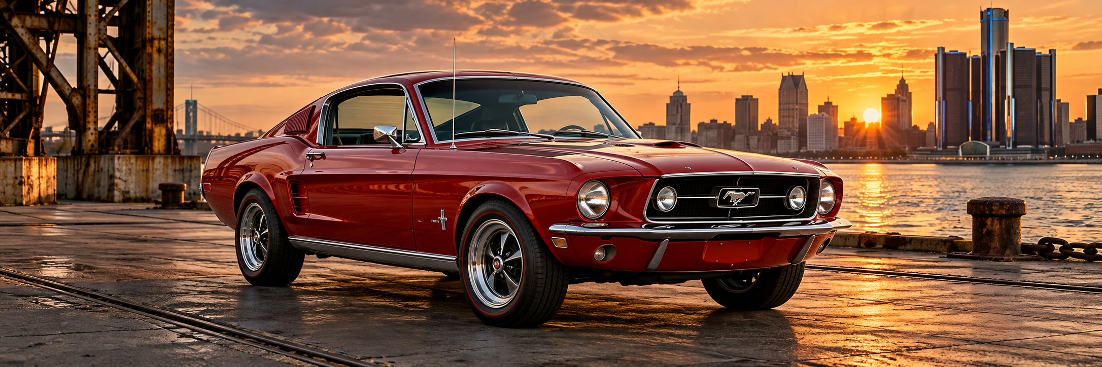 Red 1967 Mustang fastback on the Detroit waterfront