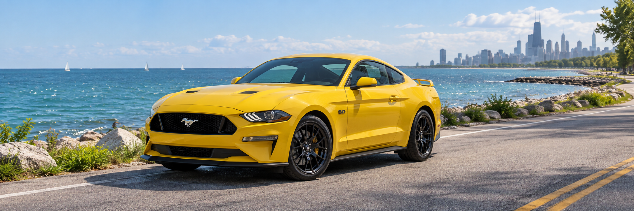 Yellow S550 Mustang GT beside Lake Michigan