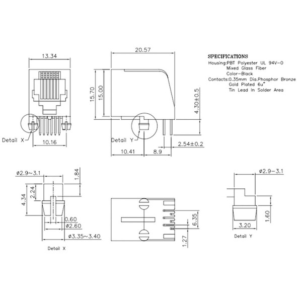 RJ11 6-Pin PTH Connector - SparkFun PRT-00132 datasheet