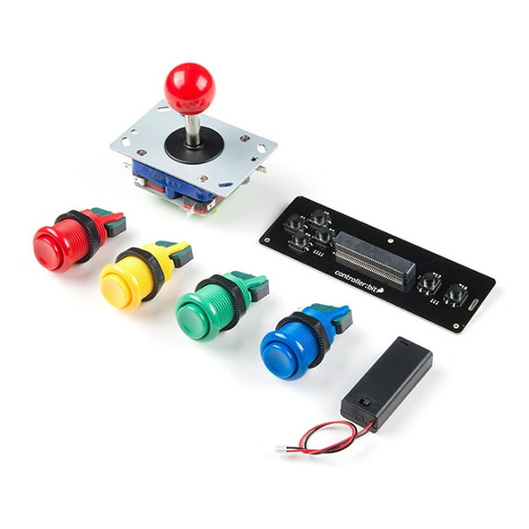 SparkFun micro:arcade kit for micro:bit v2.0 Contents
1x SparkFun controller:bit (Qwiic)
1x Arcade Joystick
1x Red Concave Button
1x Blue Concave Button
1x Yellow Concave Button
1x Green Concave Button
1x micro:bit Battery Holder - 2xAAA (JST-PH)
16x Spade Connector Wire (3ft, Female)