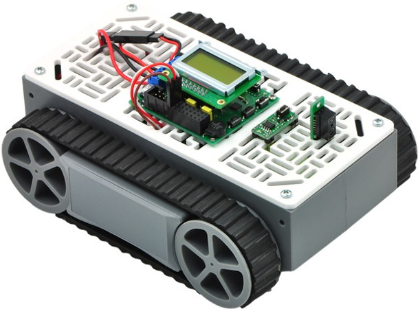 A narrow RP5/Rover 5 expansion plate with an Orangutan SV-328 and a Sharp digital distance sensor