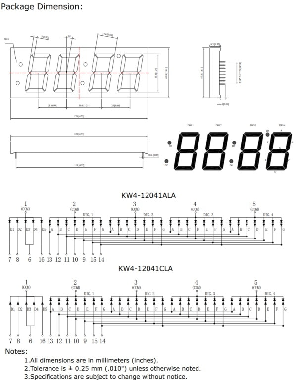 1_2 inch Quadruple Digit Numeric Displays dimensions