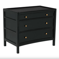 Black mahogany Hampton side table with three drawers and brass pulls.