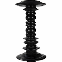 Hand-rubbed black mahogany bedpost with carved details and stacked, turned wood design.