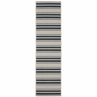 Torrey Beige & Blue Outdoor Rug with horizontal stripes, flatwoven and loop textures.