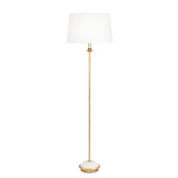 Fisher Floor Lamp with gold-leaf body, natural alabaster base, and white linen shade.