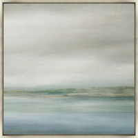 Coastline III Giclee Painting: abstract coastal art with soft blues, greens, and grays in a light frame.