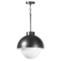 Montreux oil rubbed bronze pendant with a curved metal shade and large opal white glass globe.